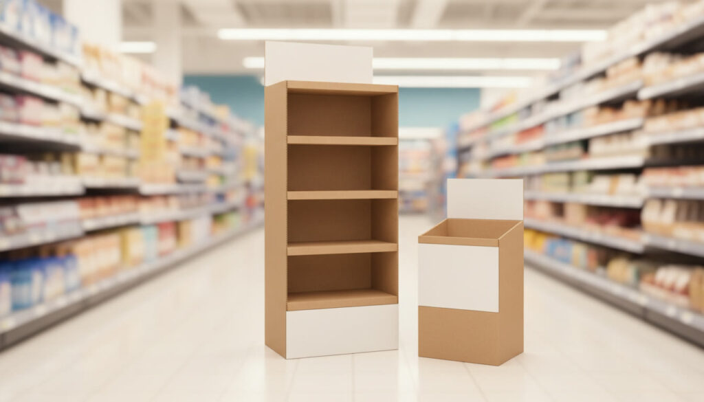 Comparação dos materiais para displays de PDV: papelão, PS, PVC e acrílico lado a lado